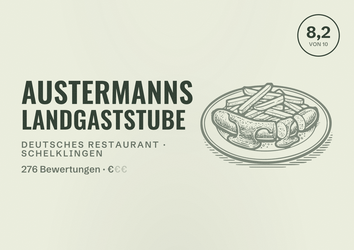 Illustriertes Poster von Austermanns Landgaststube, Deutsches Restaurant in Schelklingen: Bewertung 8,2 von 10 aus 276 Bewertungen, Preisniveau €