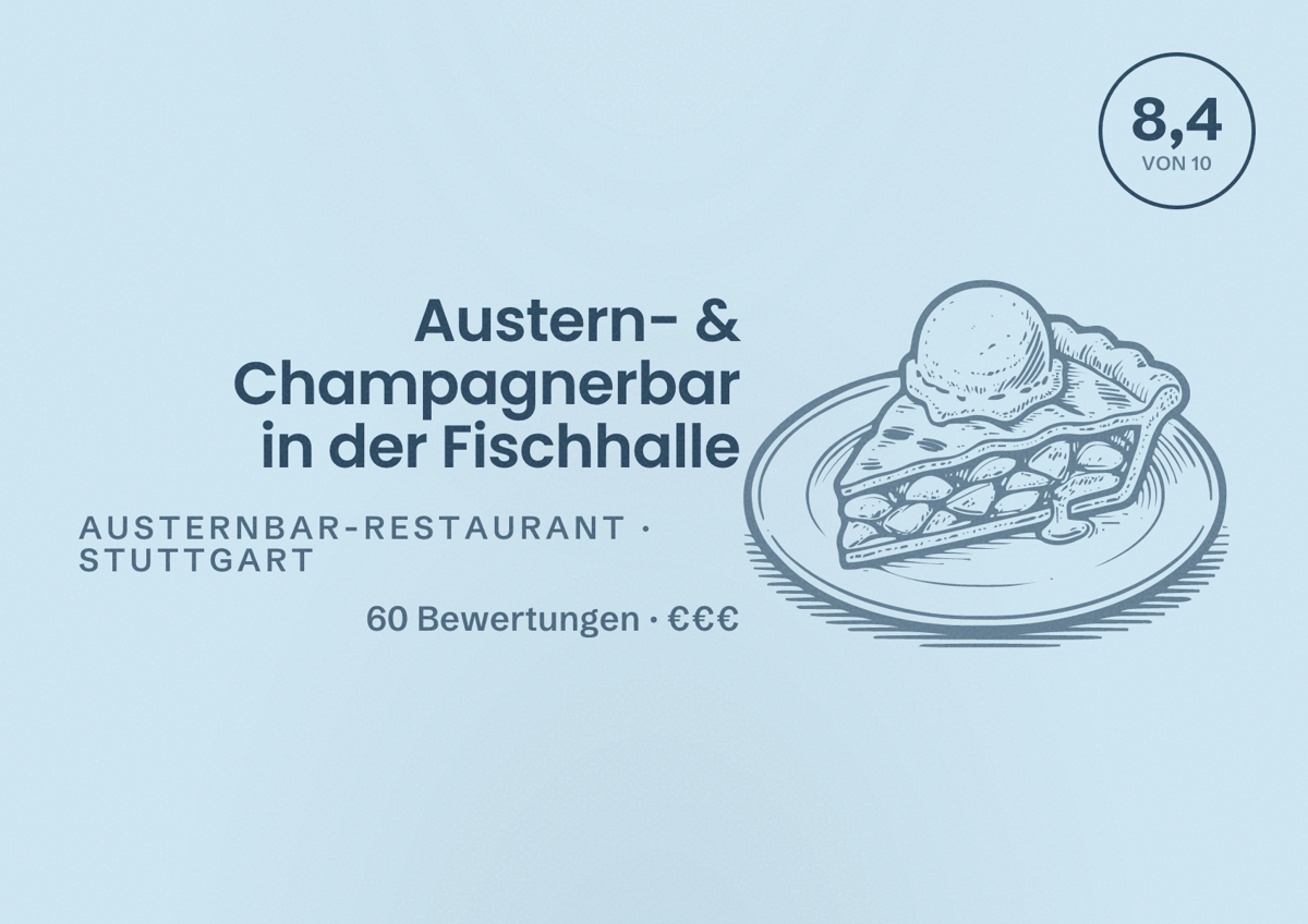 Illustriertes Poster von Austern- & Champagnerbar in der Fischhalle, Austernbar-Restaurant in Stuttgart: Bewertung 8,4 von 10 aus 60 Bewertungen, Preisniveau €€€