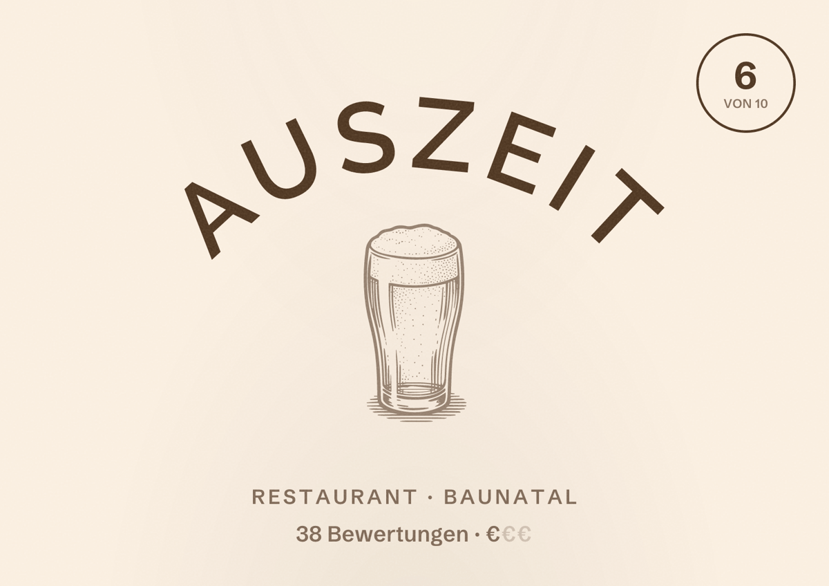 Illustriertes Poster von AUSZEIT, Restaurant in Baunatal: Bewertung 6 von 10 aus 38 Bewertungen, Preisniveau €