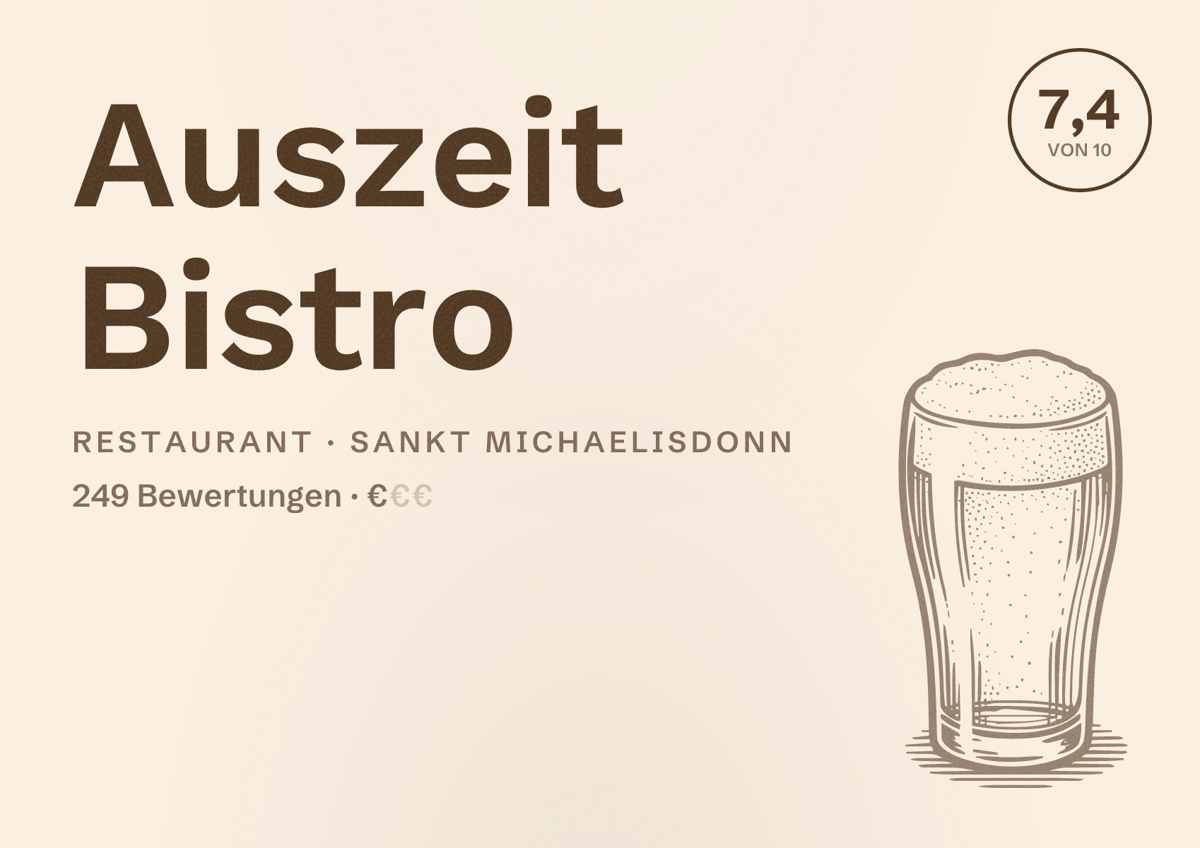 Illustriertes Poster von Auszeit Bistro, Restaurant in Sankt Michaelisdonn: Bewertung 7,4 von 10 aus 249 Bewertungen, Preisniveau €