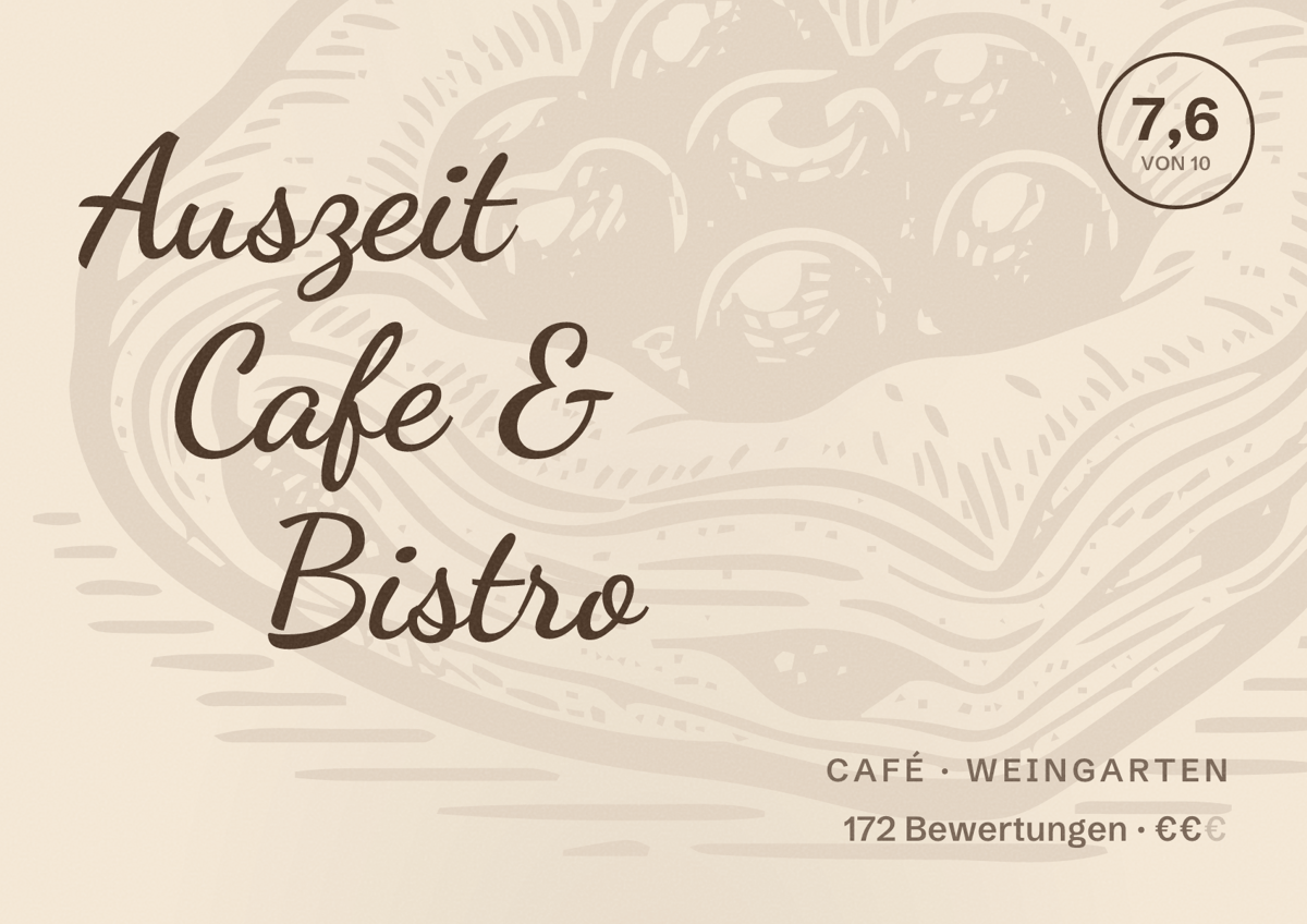 Illustriertes Poster von Auszeit Cafe & Bistro, Café in Weingarten: Bewertung 7,6 von 10 aus 172 Bewertungen, Preisniveau €€
