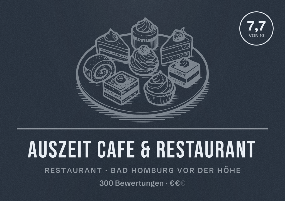 Illustriertes Poster von Auszeit Cafe & Restaurant, Restaurant in Bad Homburg vor der Höhe: Bewertung 7,7 von 10 aus 300 Bewertungen, Preisniveau €€