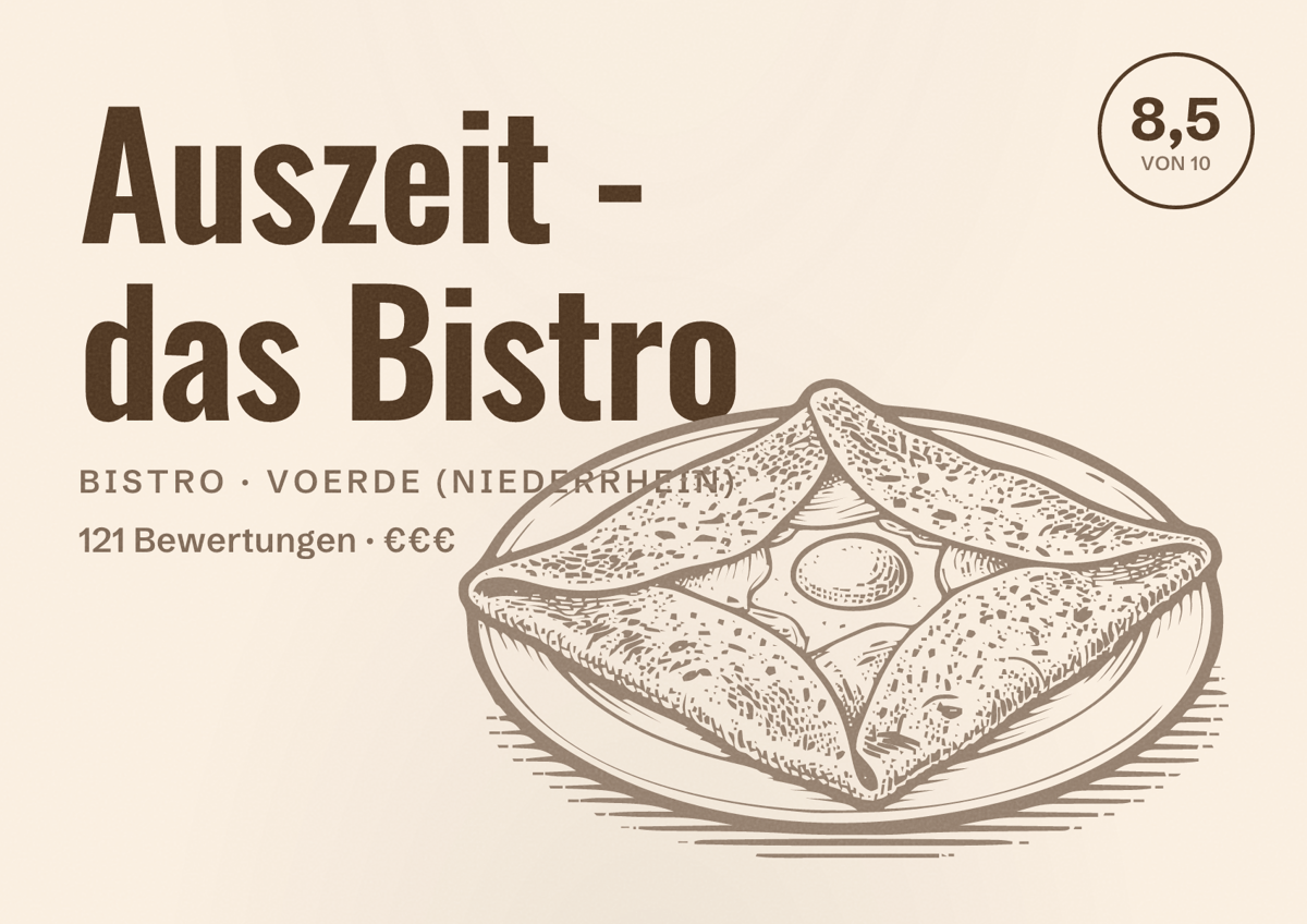 Illustriertes Poster von Auszeit - das Bistro, Bistro in Voerde (Niederrhein): Bewertung 8,5 von 10 aus 121 Bewertungen, Preisniveau €€€