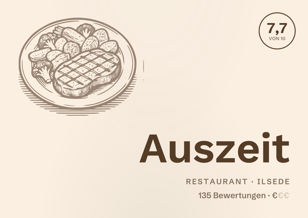 Illustriertes Poster von Auszeit, Restaurant in Ilsede: Bewertung 7,7 von 10 aus 135 Bewertungen, Preisniveau €