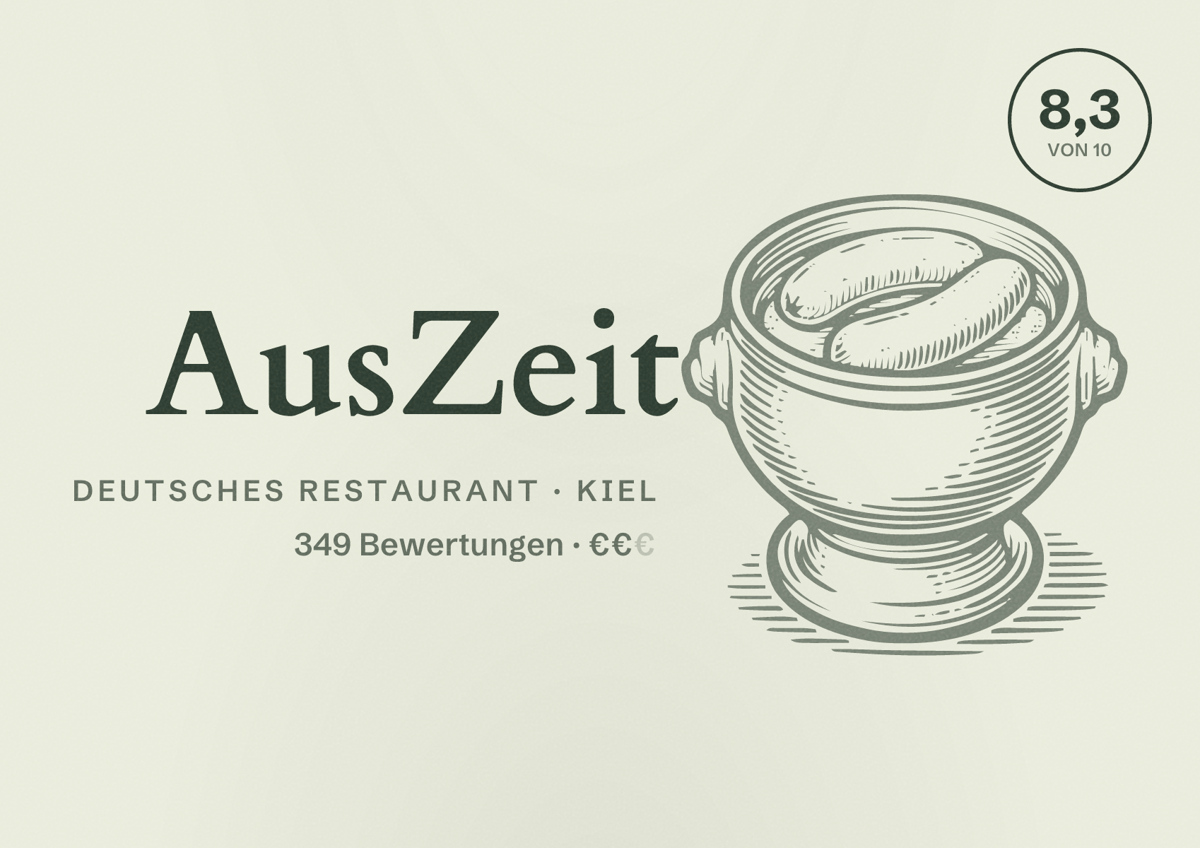 Illustriertes Poster von AusZeit, Deutsches Restaurant in Kiel: Bewertung 8,3 von 10 aus 349 Bewertungen, Preisniveau €€