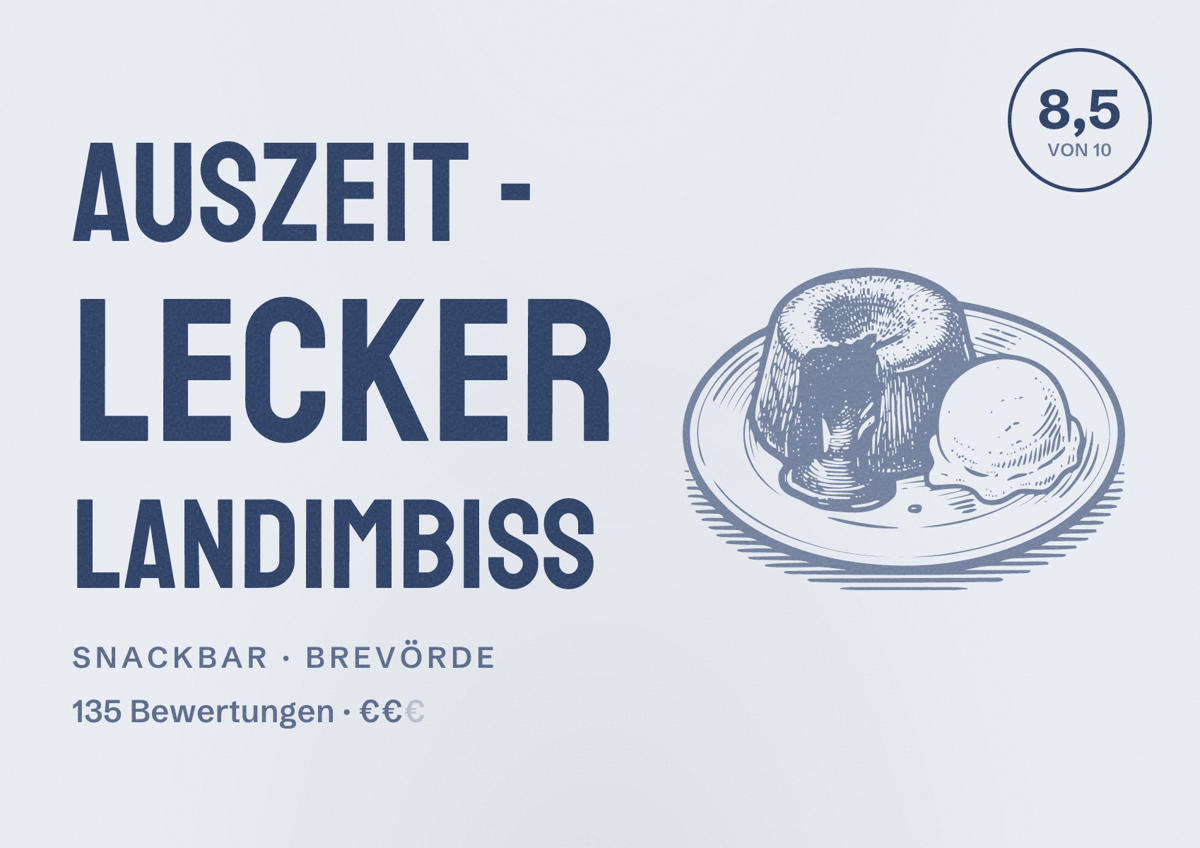 Illustriertes Poster von AusZeit - Lecker Landimbiss, Snackbar in Brevörde: Bewertung 8,5 von 10 aus 135 Bewertungen, Preisniveau €€