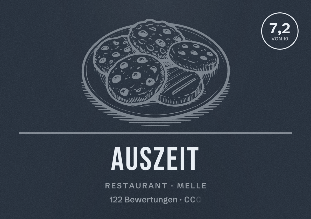 Illustriertes Poster von Auszeit, Restaurant in Melle: Bewertung 7,2 von 10 aus 122 Bewertungen, Preisniveau €€