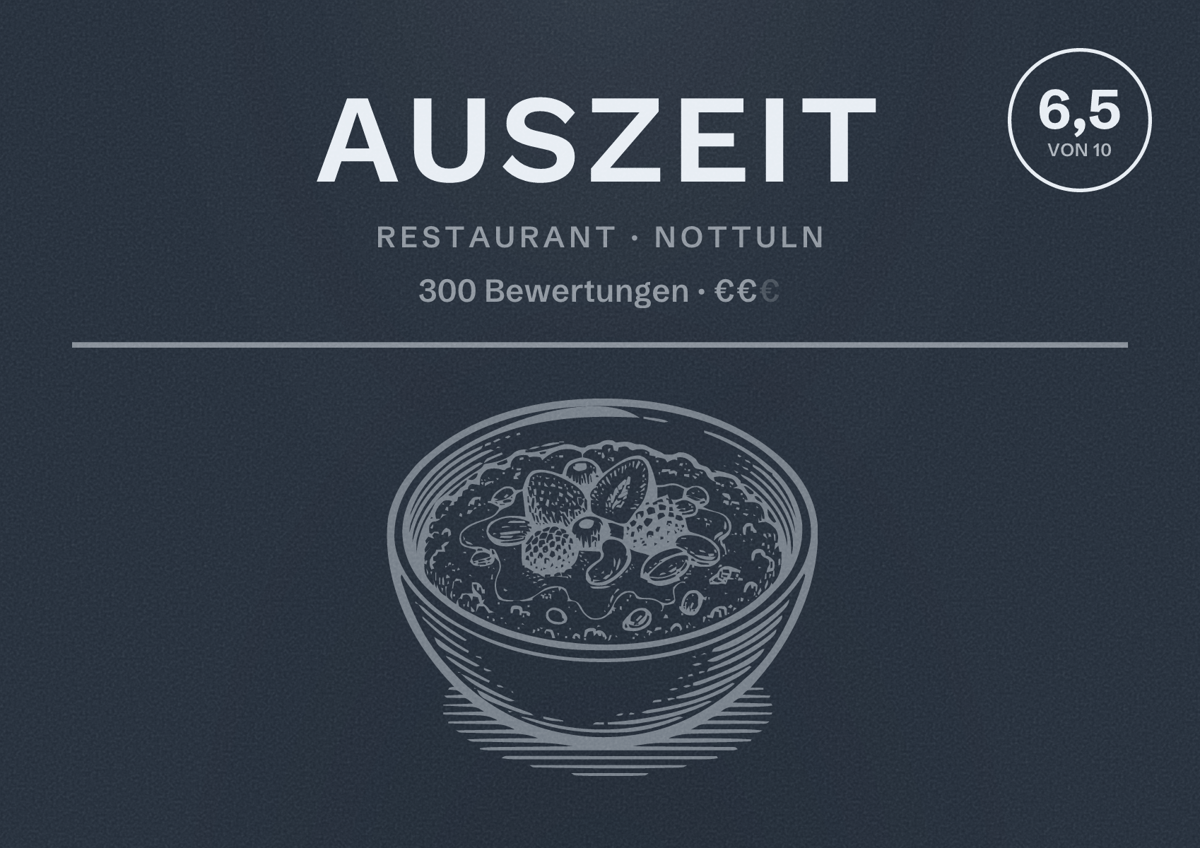 Illustriertes Poster von Auszeit, Restaurant in Nottuln: Bewertung 6,5 von 10 aus 300 Bewertungen, Preisniveau €€