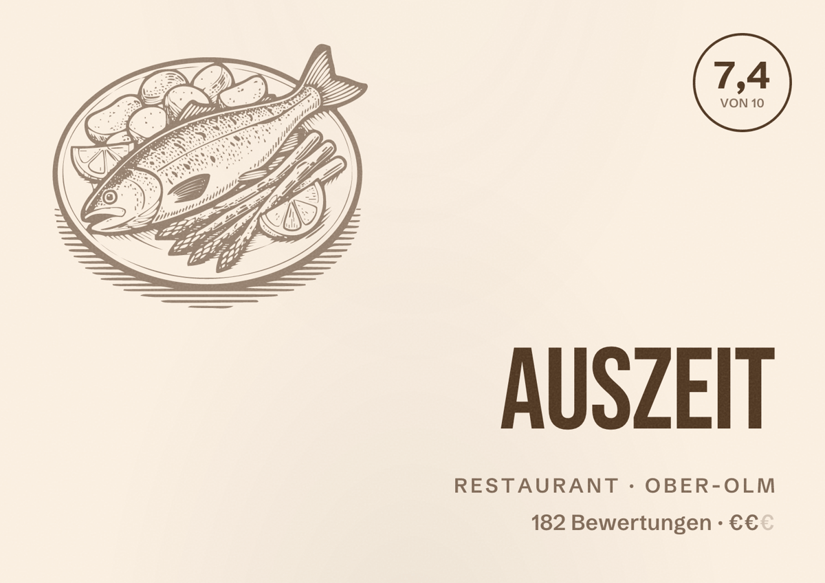 Illustriertes Poster von AUSZEIT, Restaurant in Ober-Olm: Bewertung 7,4 von 10 aus 182 Bewertungen, Preisniveau €€