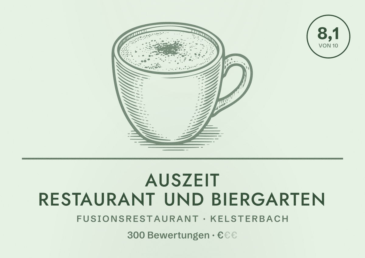 Illustriertes Poster von AusZeit Restaurant und Biergarten, Fusionsrestaurant in Kelsterbach: Bewertung 8,1 von 10 aus 300 Bewertungen, Preisniveau €
