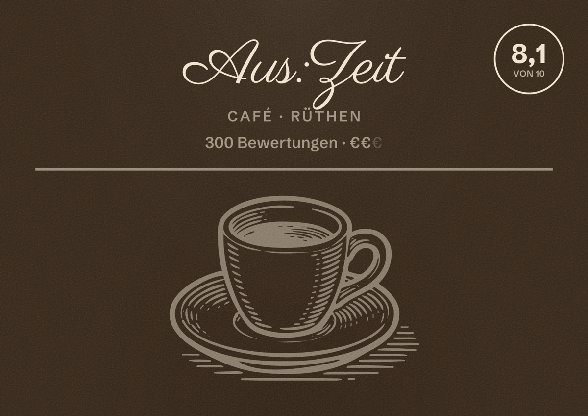 Illustriertes Poster von Aus:Zeit, Café in Rüthen: Bewertung 8,1 von 10 aus 300 Bewertungen, Preisniveau €€