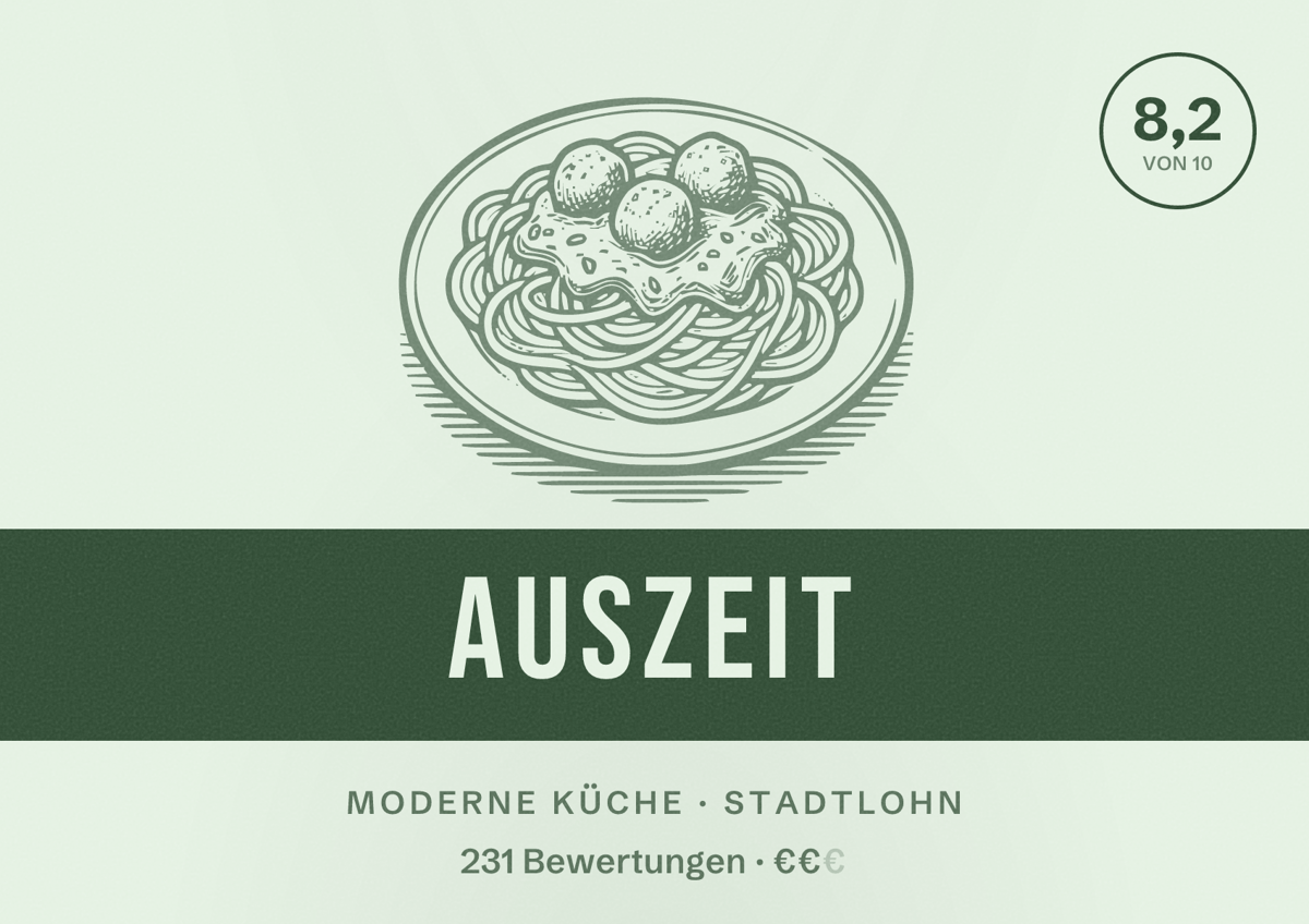 Illustriertes Poster von Auszeit, Moderne Küche in Stadtlohn: Bewertung 8,2 von 10 aus 231 Bewertungen, Preisniveau €€