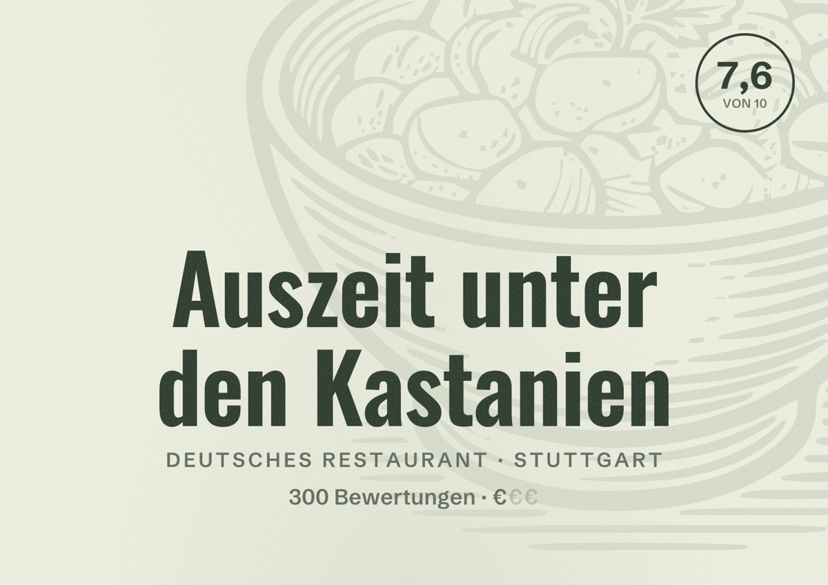Illustriertes Poster von Auszeit unter den Kastanien, Deutsches Restaurant in Stuttgart: Bewertung 7,6 von 10 aus 300 Bewertungen, Preisniveau €