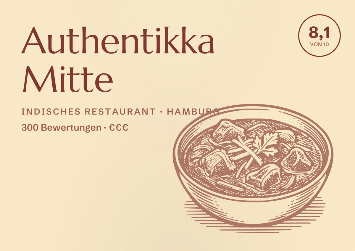 Illustriertes Poster von Authentikka Mitte, Indisches Restaurant in Hamburg: Bewertung 8,1 von 10 aus 300 Bewertungen, Preisniveau €€€