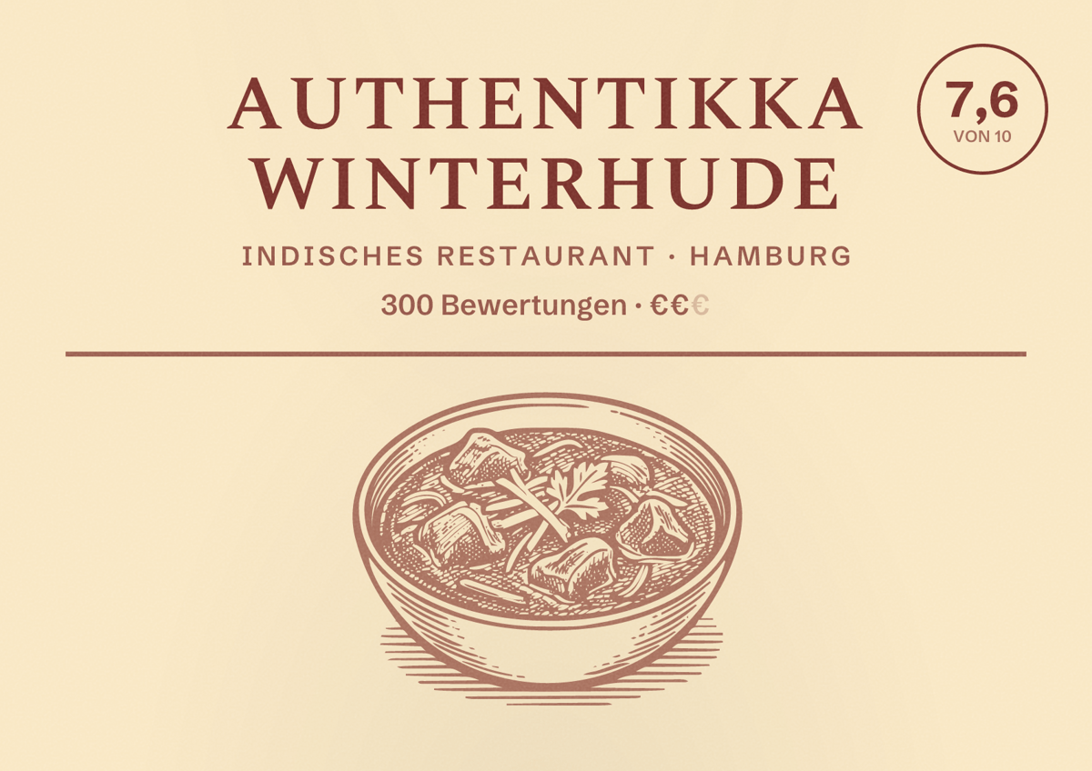 Illustriertes Poster von Authentikka Winterhude, Indisches Restaurant in Hamburg: Bewertung 7,6 von 10 aus 300 Bewertungen, Preisniveau €€