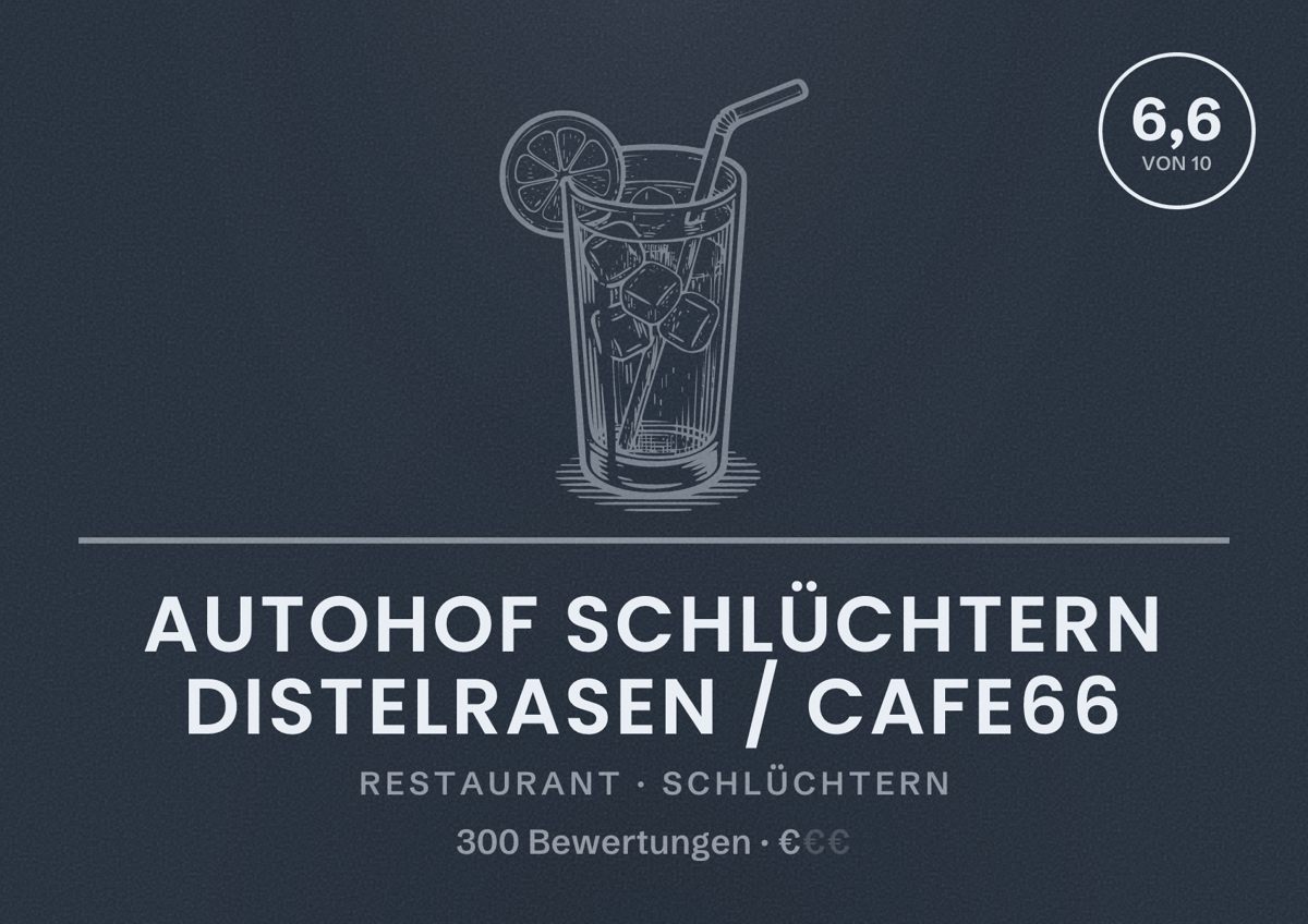 Illustriertes Poster von Autohof Schlüchtern Distelrasen / Cafe66, Restaurant in Schlüchtern: Bewertung 6,6 von 10 aus 300 Bewertungen, Preisniveau €
