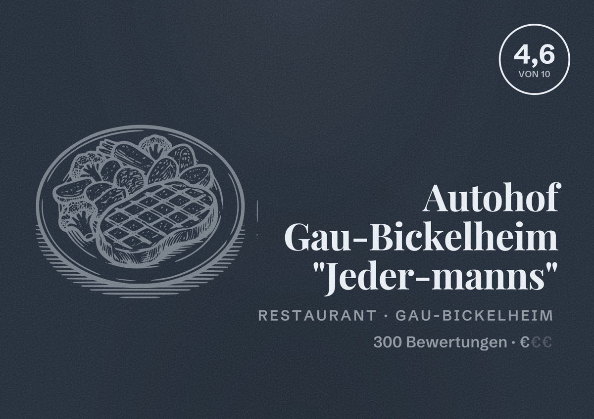 Illustriertes Poster von Autohof Gau-Bickelheim "Jeder-manns", Restaurant in Gau-Bickelheim: Bewertung 4,6 von 10 aus 300 Bewertungen, Preisniveau €