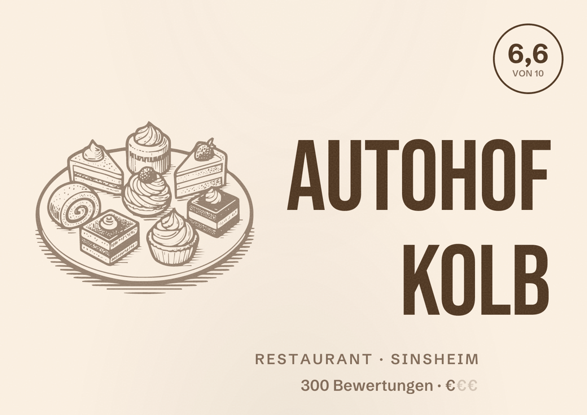 Illustriertes Poster von Autohof Kolb, Restaurant in Sinsheim: Bewertung 6,6 von 10 aus 300 Bewertungen, Preisniveau €