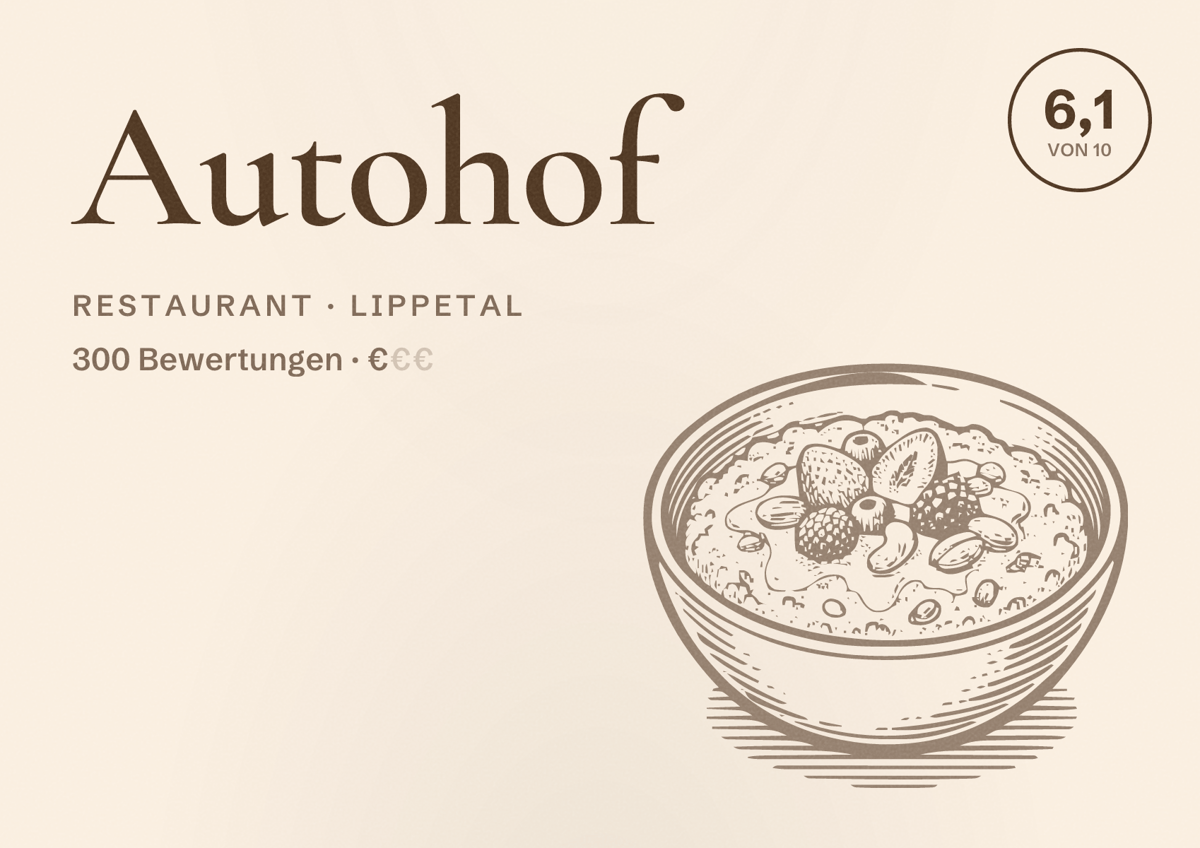 Illustriertes Poster von Autohof, Restaurant in Lippetal: Bewertung 6,1 von 10 aus 300 Bewertungen, Preisniveau €