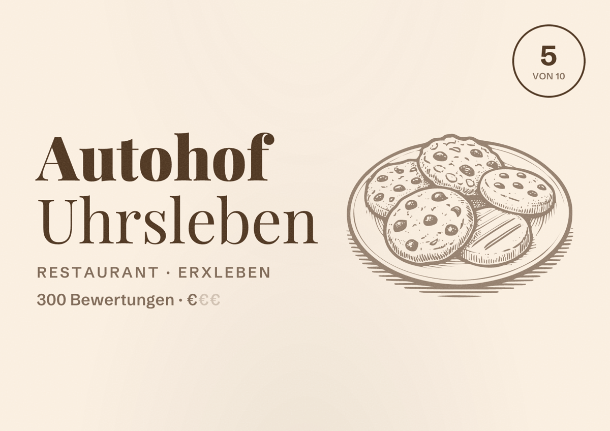 Illustriertes Poster von Autohof Uhrsleben, Restaurant in Erxleben: Bewertung 5 von 10 aus 300 Bewertungen, Preisniveau €