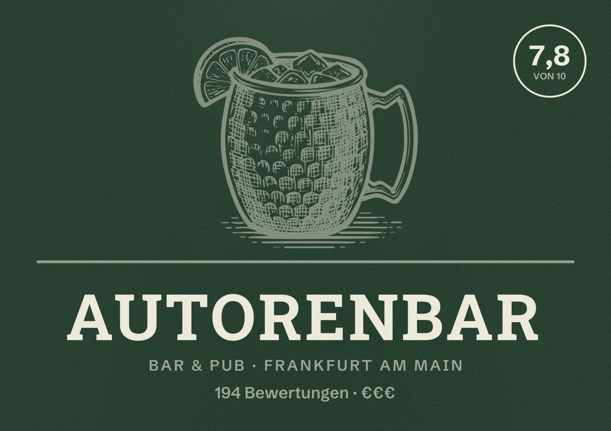 Illustriertes Poster von Autorenbar, Bar & Pub in Frankfurt am Main: Bewertung 7,8 von 10 aus 194 Bewertungen, Preisniveau €€€