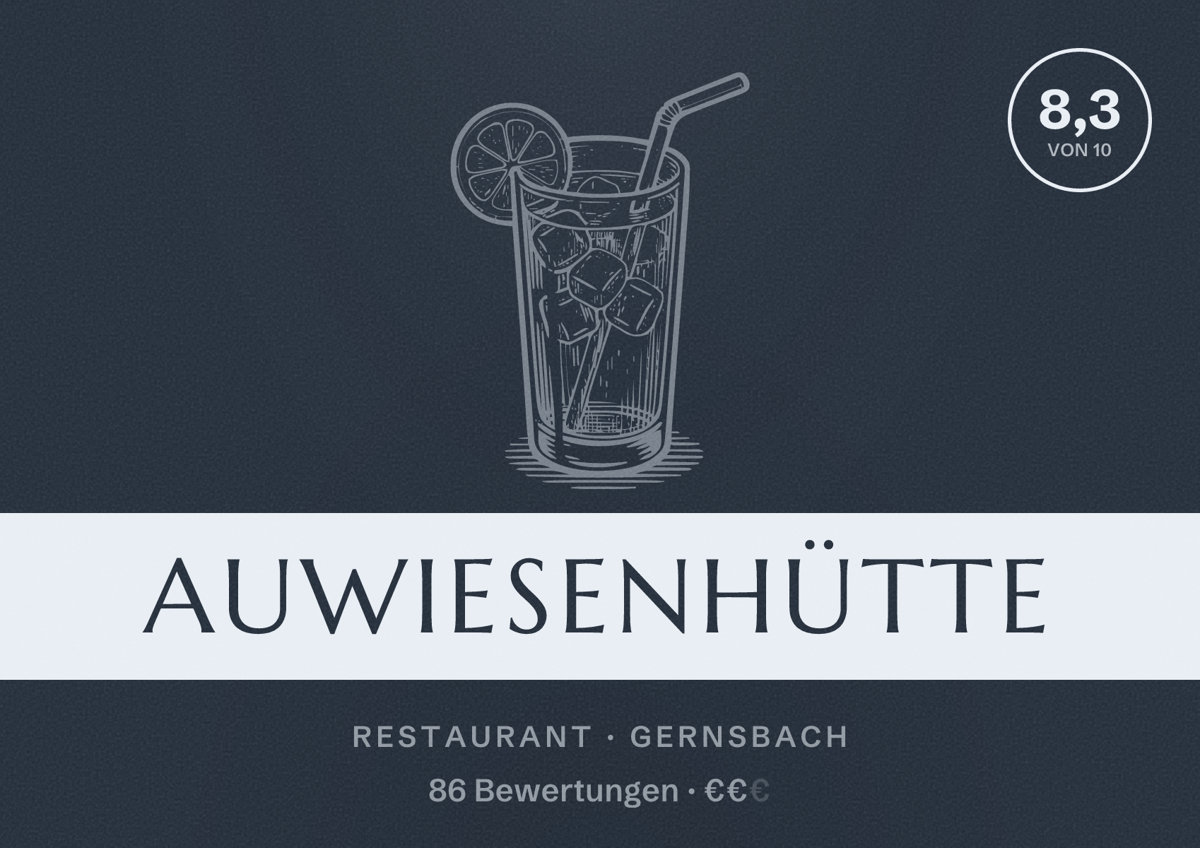 Illustriertes Poster von Auwiesenhütte, Restaurant in Gernsbach: Bewertung 8,3 von 10 aus 86 Bewertungen, Preisniveau €€