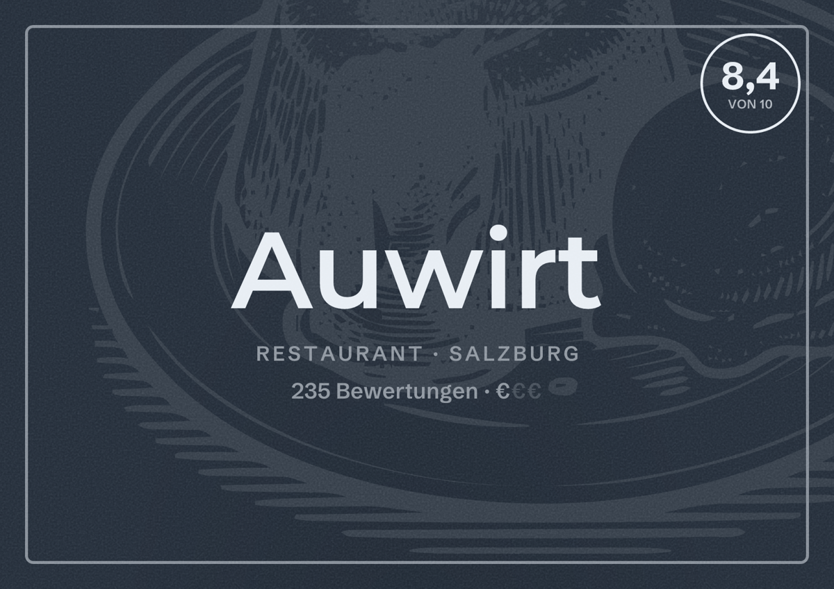 Illustriertes Poster von Auwirt, Restaurant in Salzburg: Bewertung 8,4 von 10 aus 235 Bewertungen, Preisniveau €