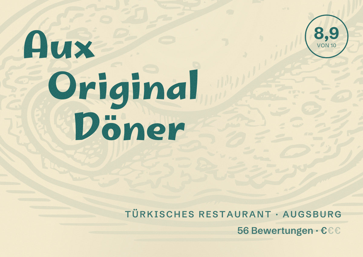 Illustriertes Poster von Aux Original Döner, Türkisches Restaurant in Augsburg: Bewertung 8,9 von 10 aus 56 Bewertungen, Preisniveau €