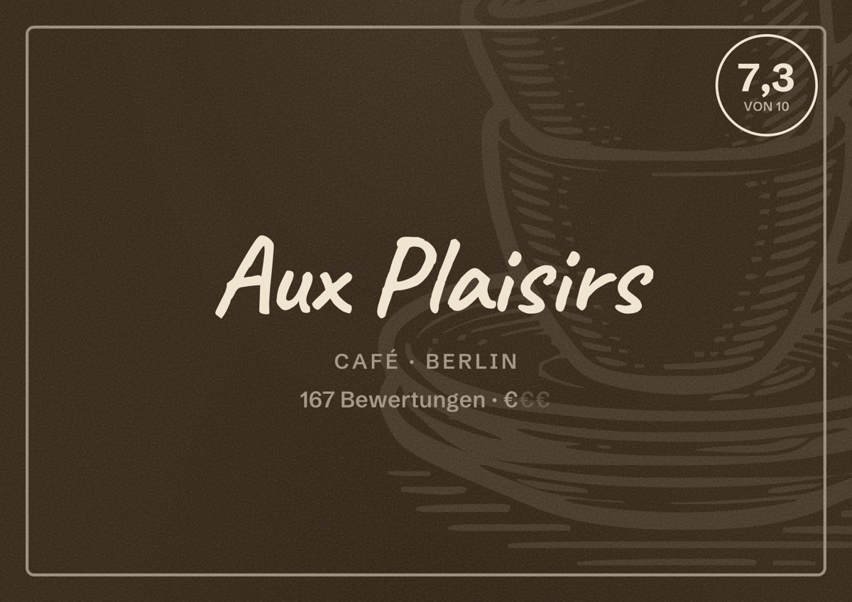 Illustriertes Poster von Aux Plaisirs, Café in Berlin: Bewertung 7,3 von 10 aus 167 Bewertungen, Preisniveau €