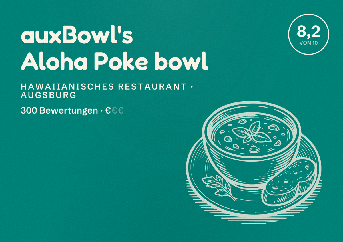 Illustriertes Poster von auxBowl's Aloha Poke bowl, Hawaiianisches Restaurant in Augsburg: Bewertung 8,2 von 10 aus 300 Bewertungen, Preisniveau €