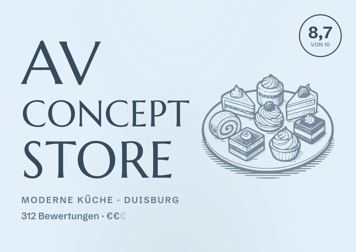 Illustriertes Poster von AV Concept Store, Moderne Küche in Duisburg: Bewertung 8,7 von 10 aus 312 Bewertungen, Preisniveau €€