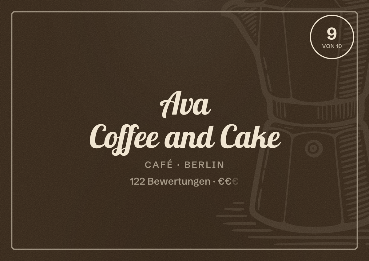 Illustriertes Poster von Ava Coffee and Cake, Café in Berlin: Bewertung 9,0 von 10 aus 122 Bewertungen, Preisniveau €€