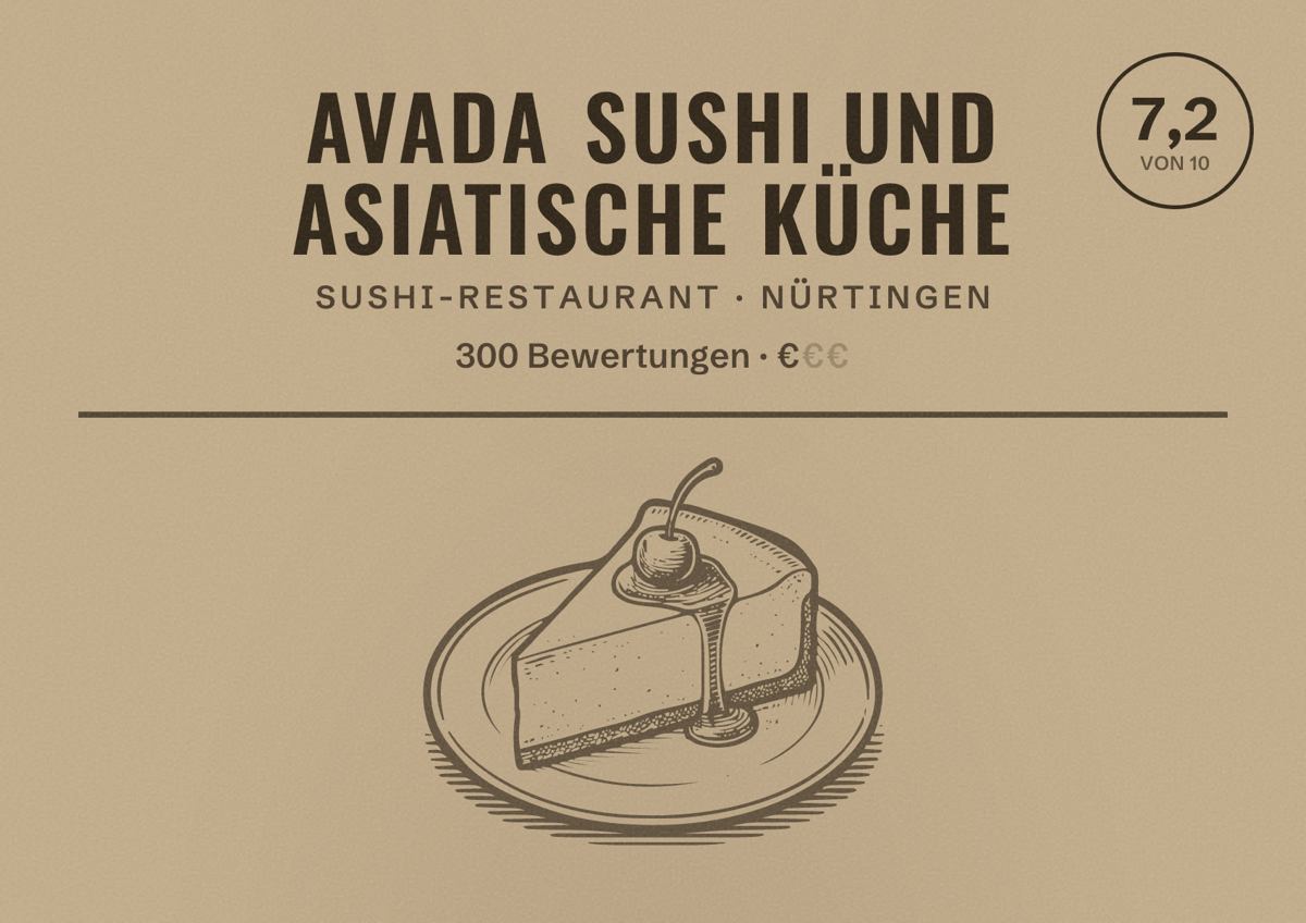 Illustriertes Poster von Avada Sushi und asiatische Küche, Sushi-Restaurant in Nürtingen: Bewertung 7,2 von 10 aus 300 Bewertungen, Preisniveau €