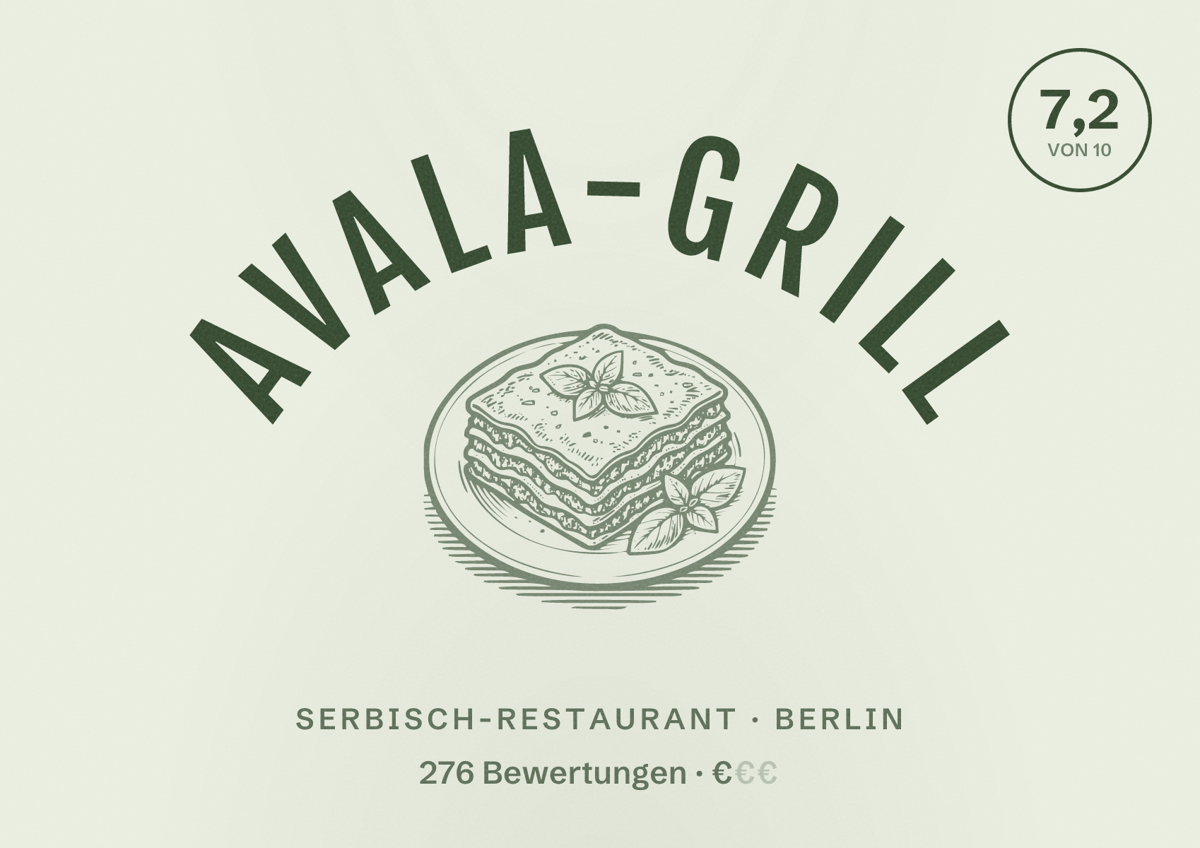 Illustriertes Poster von Avala-Grill, Serbisch-Restaurant in Berlin: Bewertung 7,2 von 10 aus 276 Bewertungen, Preisniveau €