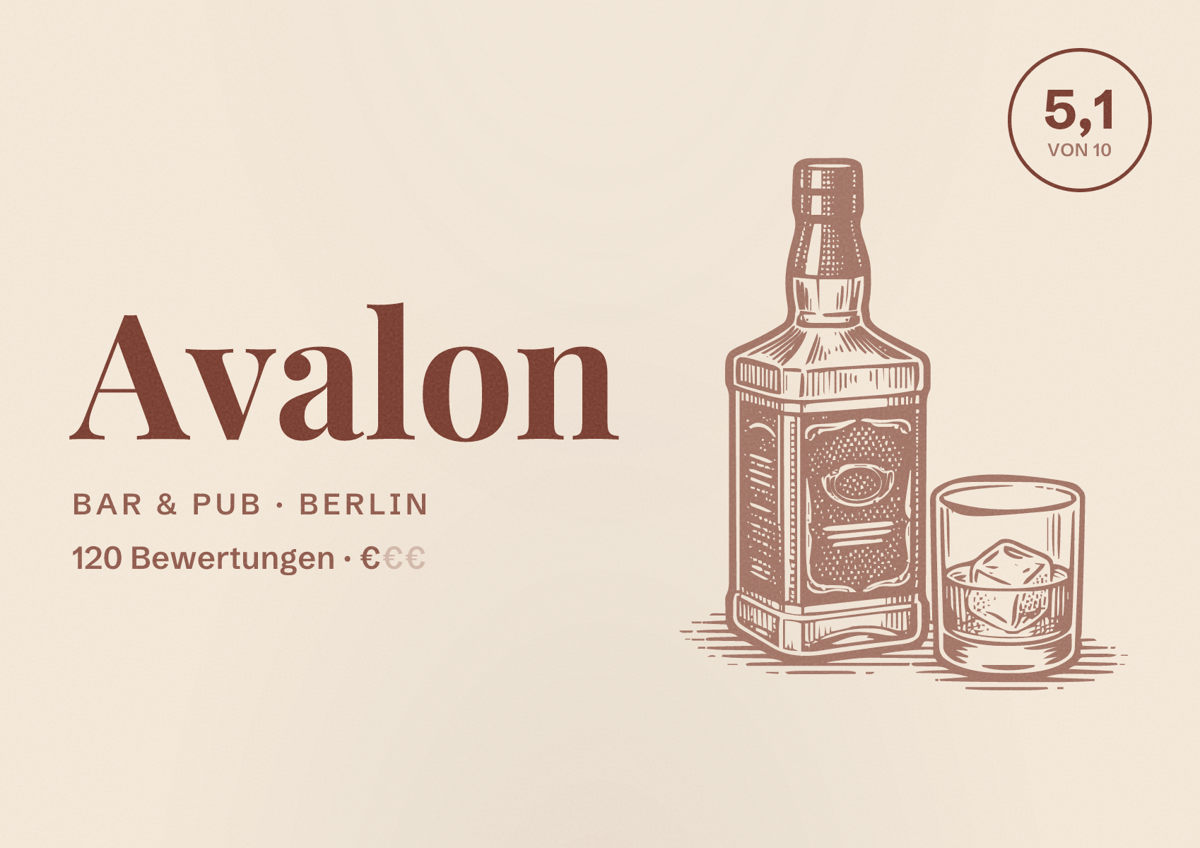 Illustriertes Poster von Avalon, Bar & Pub in Berlin: Bewertung 5,1 von 10 aus 120 Bewertungen, Preisniveau €