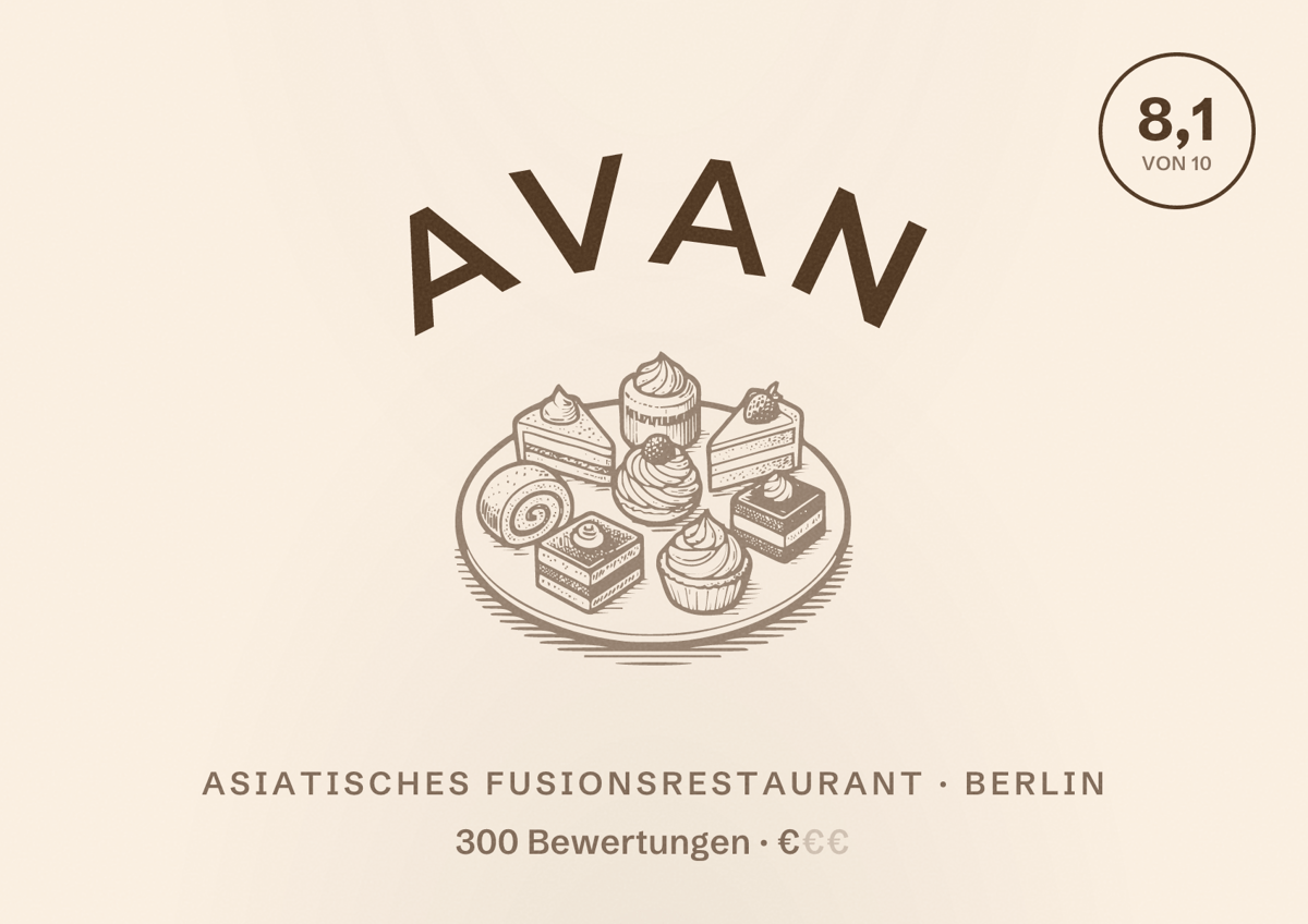 Illustriertes Poster von AVAN, Asiatisches Fusionsrestaurant in Berlin: Bewertung 8,1 von 10 aus 300 Bewertungen, Preisniveau €