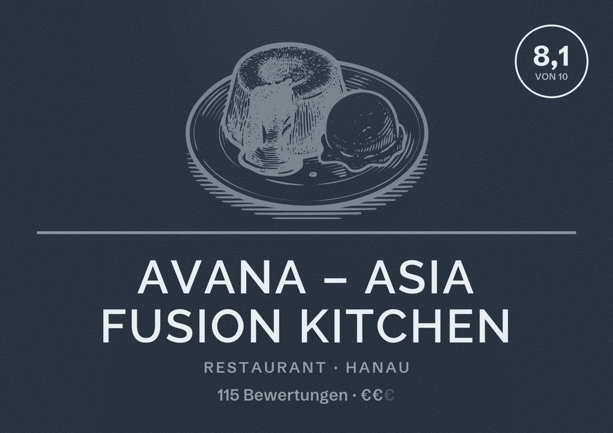 Illustriertes Poster von AVANA – Asia Fusion Kitchen, Restaurant in Hanau: Bewertung 8,1 von 10 aus 115 Bewertungen, Preisniveau €€
