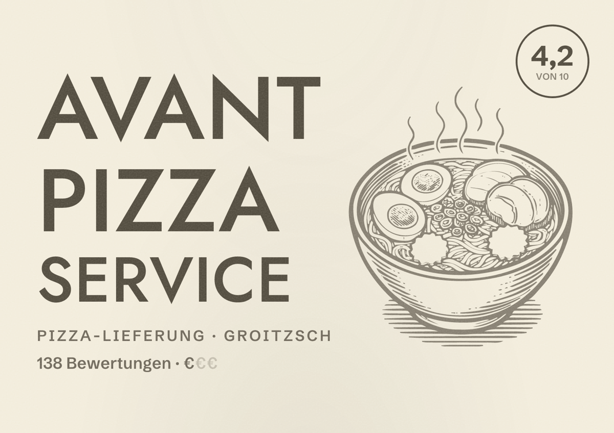 Illustriertes Poster von Avant Pizza Service, Pizza-Lieferung in Groitzsch: Bewertung 4,2 von 10 aus 138 Bewertungen, Preisniveau €