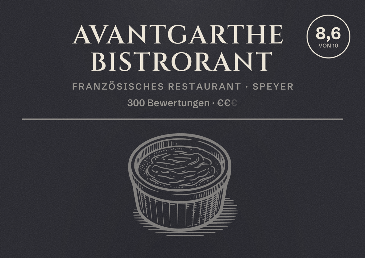 Illustriertes Poster von AvantGarthe Bistrorant, Französisches Restaurant in Speyer: Bewertung 8,6 von 10 aus 300 Bewertungen, Preisniveau €€