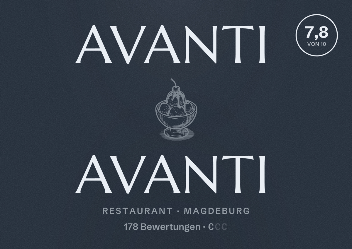 Illustriertes Poster von Avanti Avanti, Restaurant in Magdeburg: Bewertung 7,8 von 10 aus 178 Bewertungen, Preisniveau €