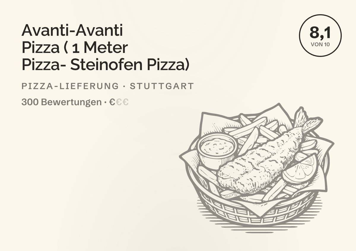 Illustriertes Poster von Avanti-Avanti Pizza ( 1 Meter Pizza- Steinofen Pizza), Pizza-Lieferung in Stuttgart: Bewertung 8,1 von 10 aus 300 Bewertungen, Preisniveau €