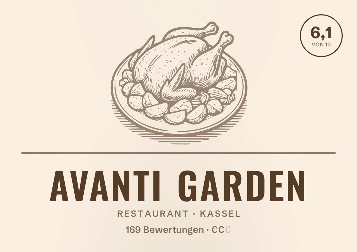 Illustriertes Poster von Avanti Garden, Restaurant in Kassel: Bewertung 6,1 von 10 aus 169 Bewertungen, Preisniveau €€