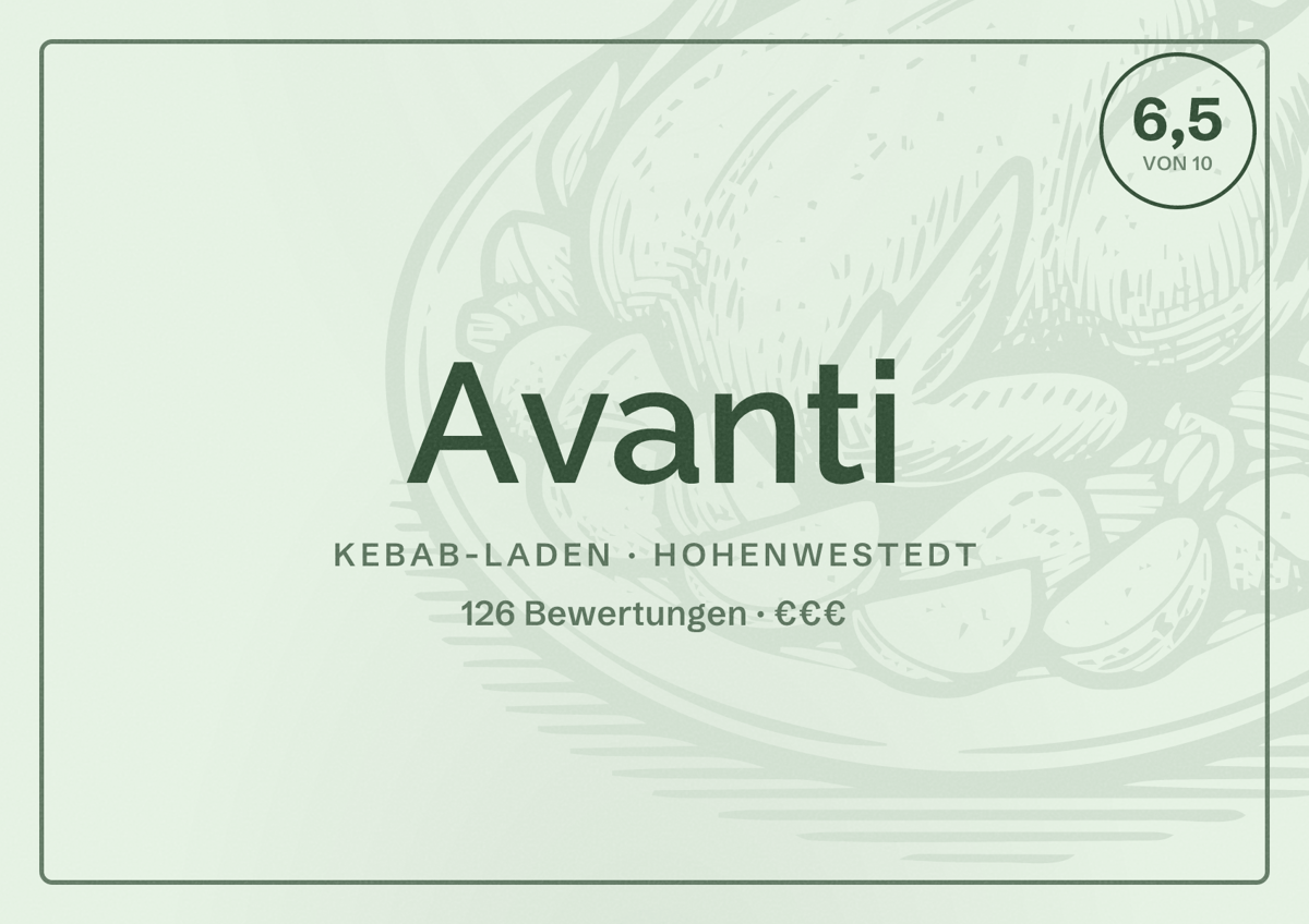 Illustriertes Poster von Avanti, Kebab-Laden in Hohenwestedt: Bewertung 6,5 von 10 aus 126 Bewertungen, Preisniveau €€€