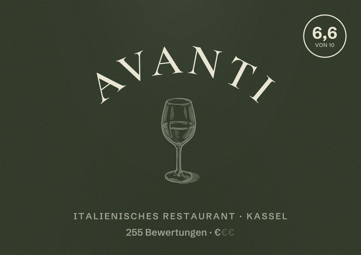 Illustriertes Poster von Avanti, Italienisches Restaurant in Kassel: Bewertung 6,6 von 10 aus 255 Bewertungen, Preisniveau €