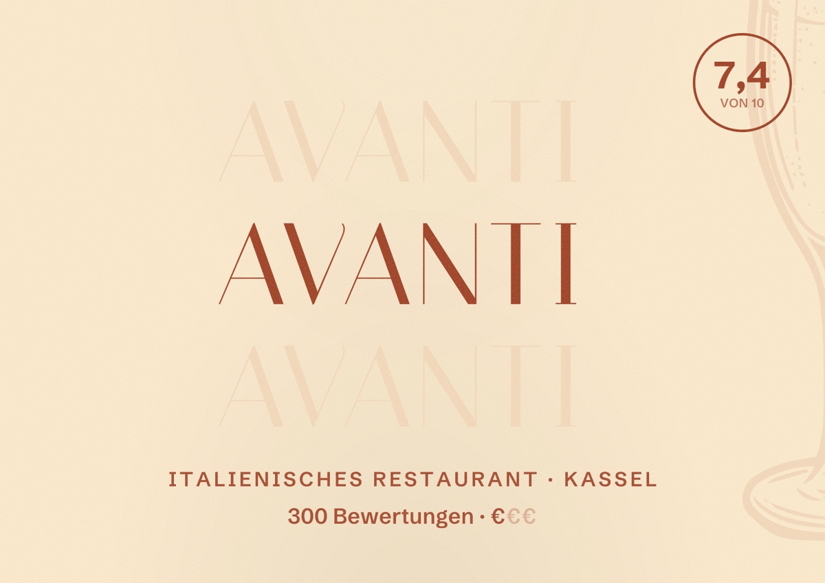 Illustriertes Poster von Avanti, Italienisches Restaurant in Kassel: Bewertung 7,4 von 10 aus 300 Bewertungen, Preisniveau €