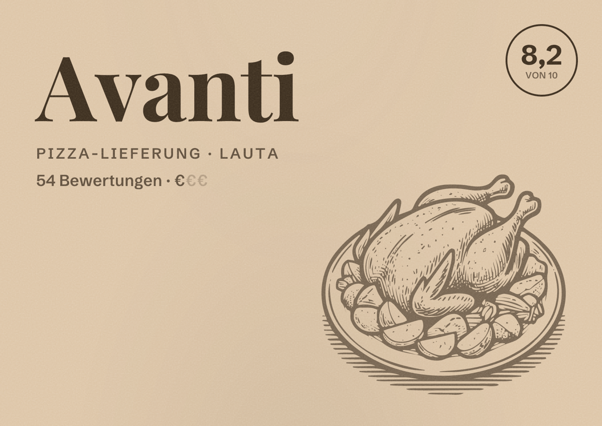 Illustriertes Poster von Avanti, Pizza-Lieferung in Lauta: Bewertung 8,2 von 10 aus 54 Bewertungen, Preisniveau €