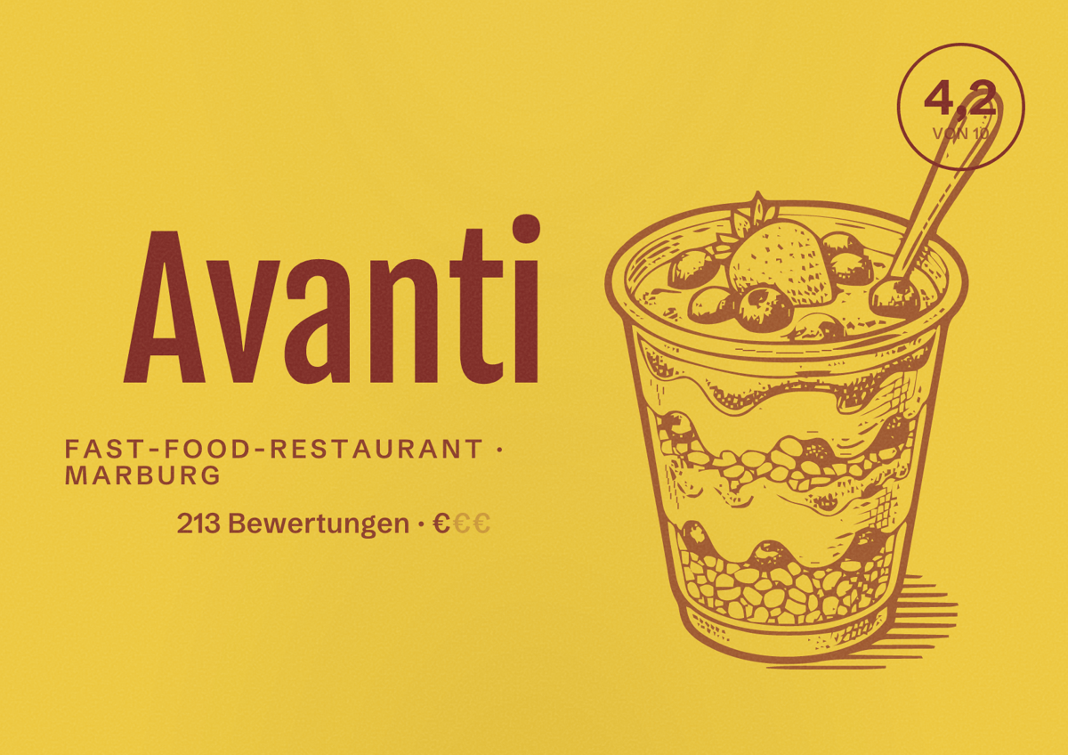 Illustriertes Poster von Avanti, Fast-Food-Restaurant in Marburg: Bewertung 4,2 von 10 aus 213 Bewertungen, Preisniveau €