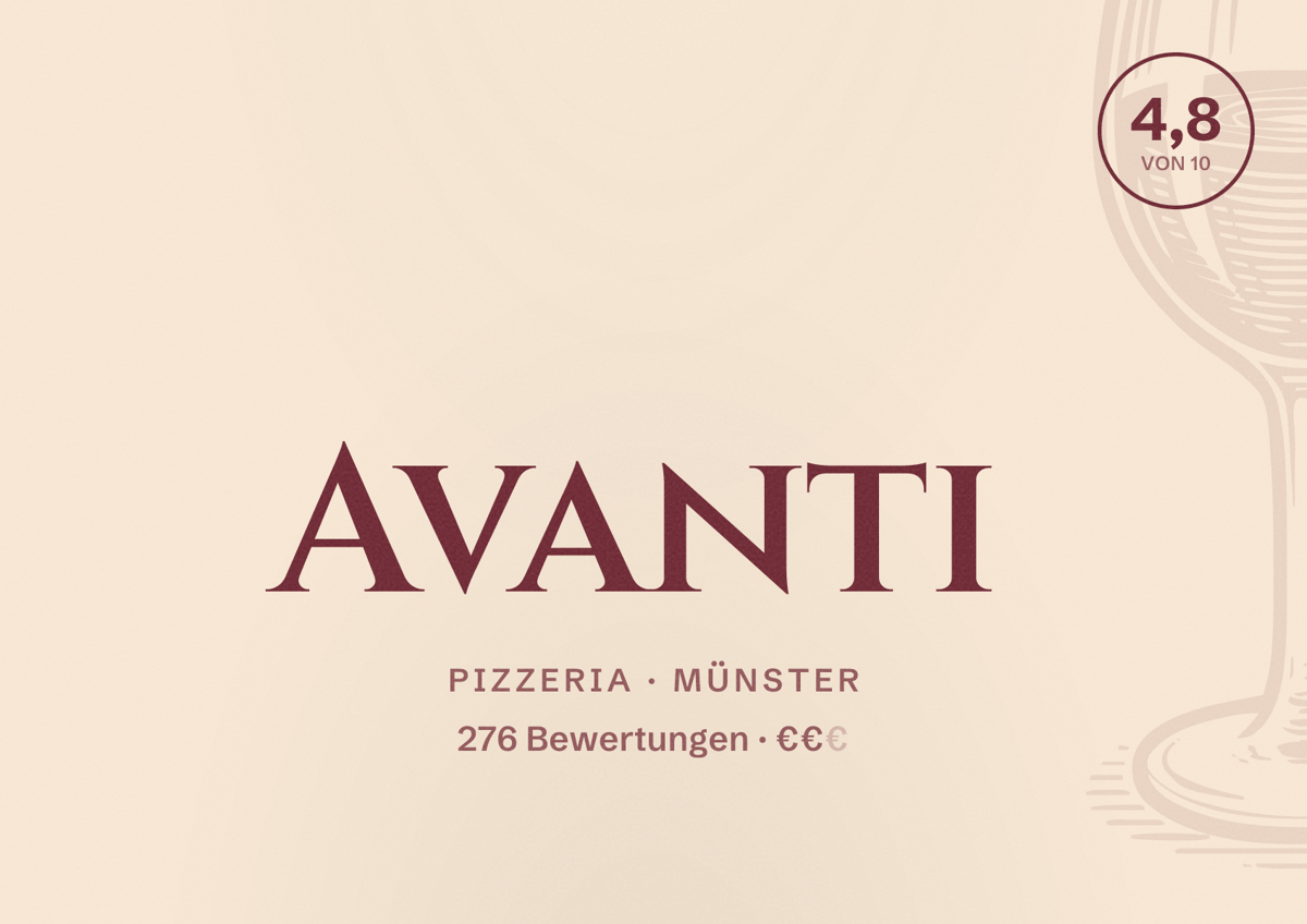 Illustriertes Poster von Avanti, Pizzeria in Münster: Bewertung 4,8 von 10 aus 276 Bewertungen, Preisniveau €€