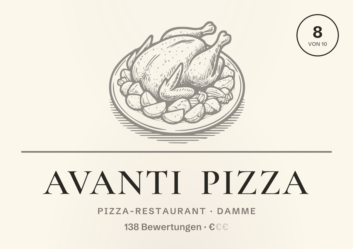 Illustriertes Poster von Avanti Pizza, Pizza-Restaurant in Damme: Bewertung 8 von 10 aus 138 Bewertungen, Preisniveau €