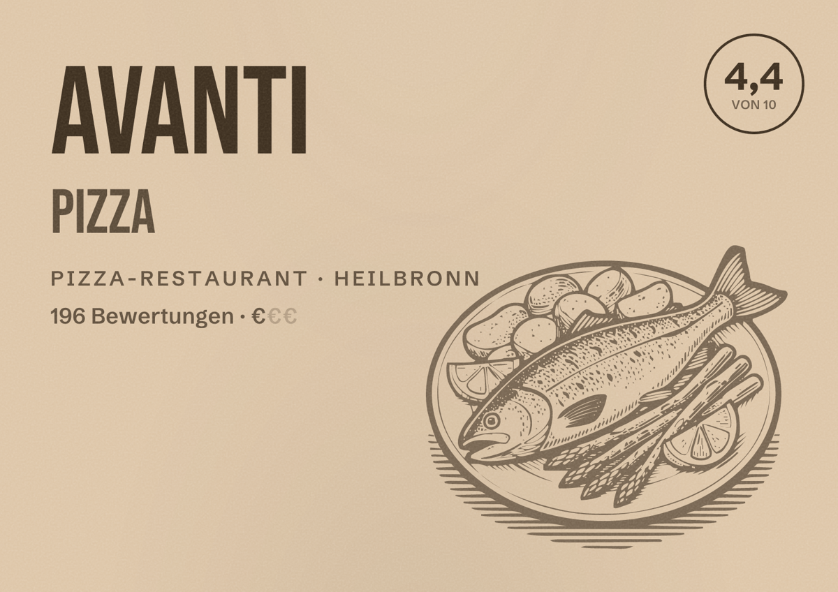 Illustriertes Poster von Avanti Pizza, Pizza-Restaurant in Heilbronn: Bewertung 4,4 von 10 aus 196 Bewertungen, Preisniveau €